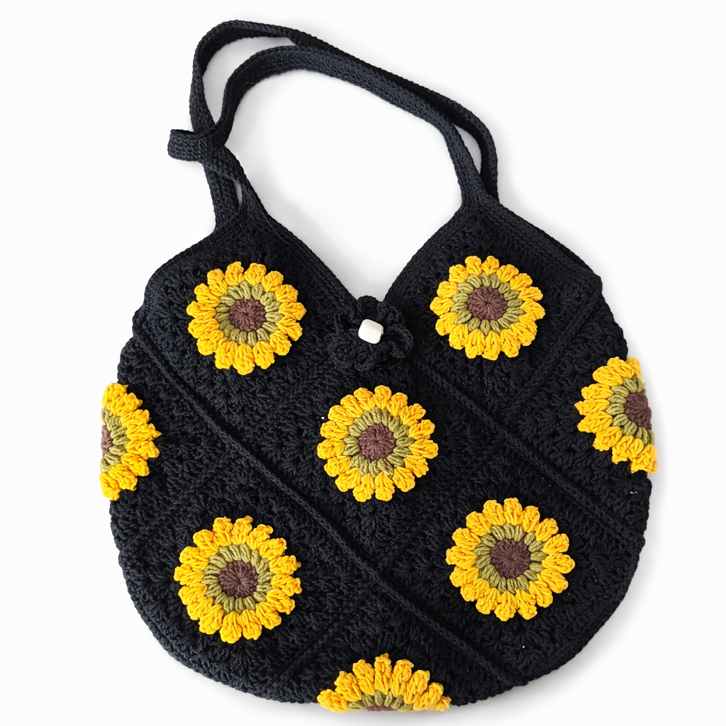 Handmade Crochet Sunflower Tote Bag-Black Boho Shoulder Bag