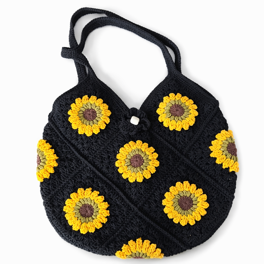 Handmade Crochet Sunflower Tote Bag-Black Boho Shoulder Bag