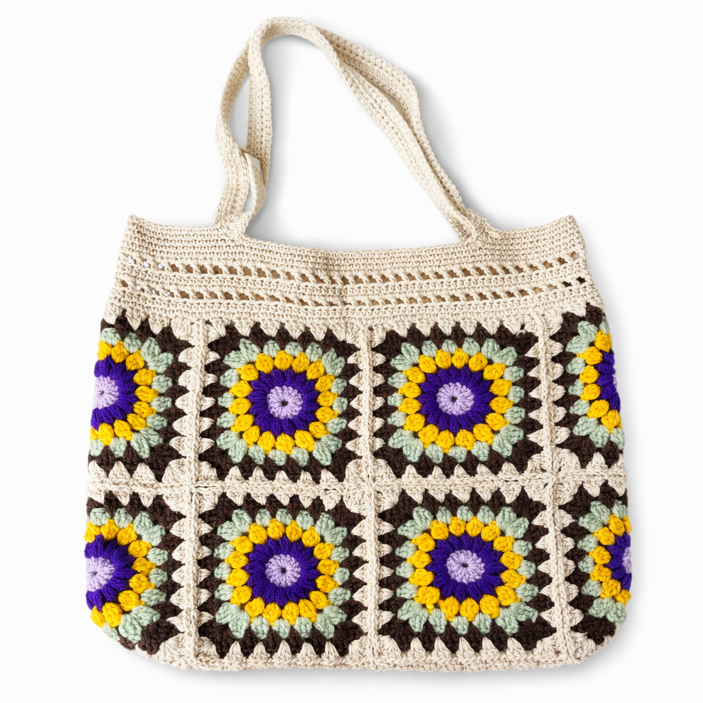 Handmade Crochet Sunflower Granny Square Tote Bag