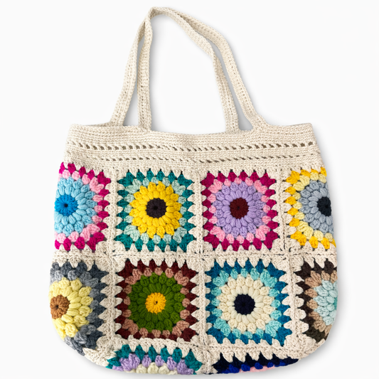 Handmade Multicolor Crochet Granny Square Tote Bag