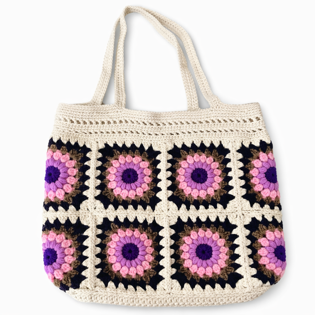 Handmade Pink and Purple Crochet Granny Square Tote Bag