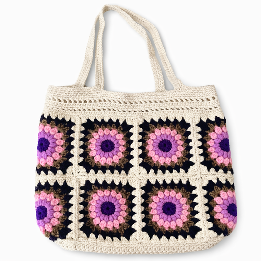 Handmade Pink and Purple Crochet Granny Square Tote Bag