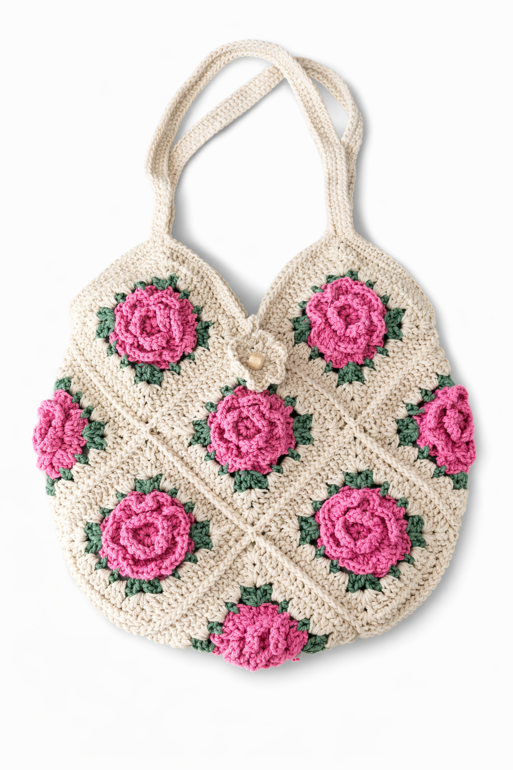 Handmade Crochet 3D Rose Granny Square Tote Bag