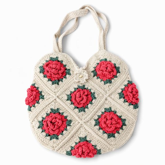 Handmade Crochet 3D Rose Granny Square Tote Bag