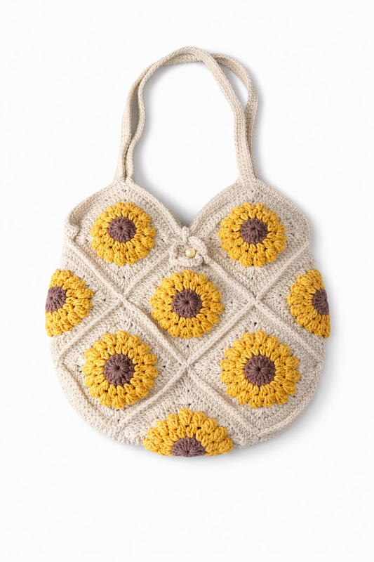 Handmade Crochet Sunflower Puff Tote Bag