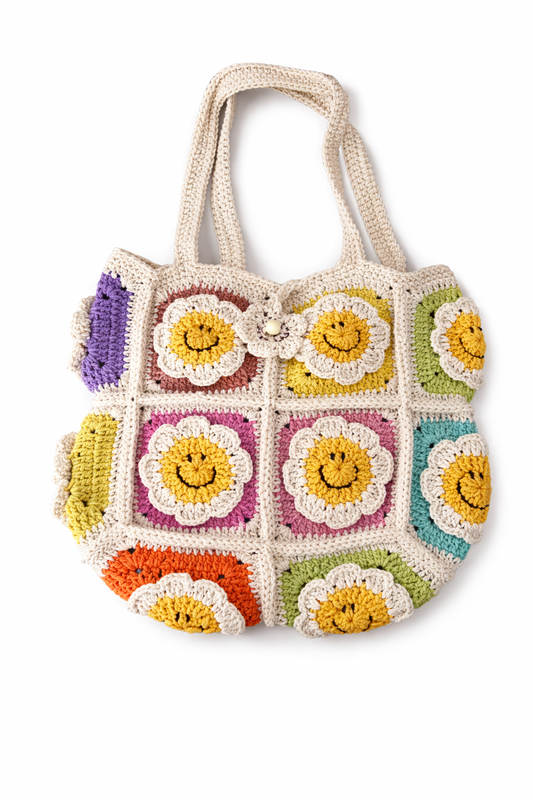 Crochet Smiley Face Daisy Patchwork Tote bag