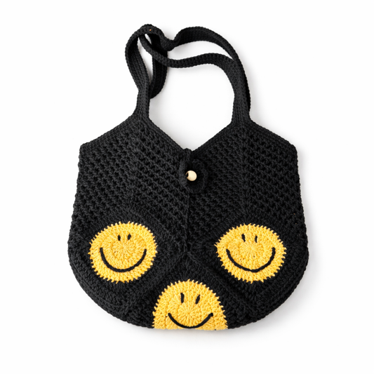 Handmade Black Crochet Smiley Face Tote Bag