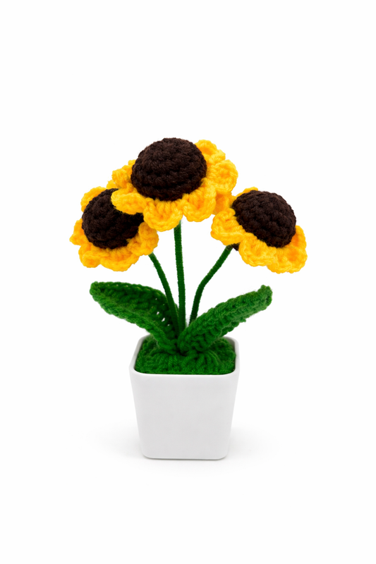 Three Handmade Crochet Sunflowers in Pot