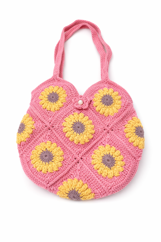 Handmade Coral Sunflower Crochet Tote Bag