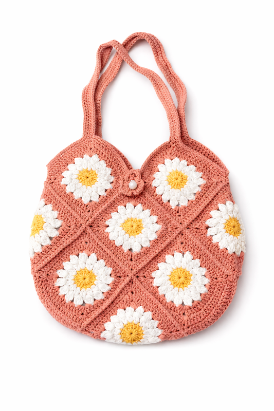 Handmade Crochet Brown Daisy Tote Bag