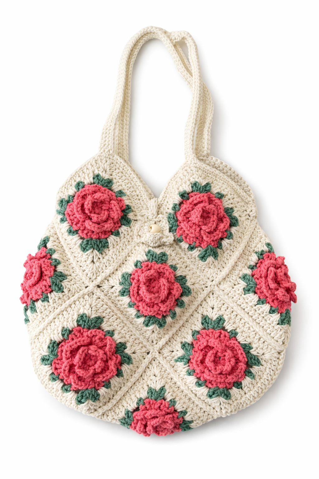 Handmade Small Crochet Rose Granny Square Tote Bag