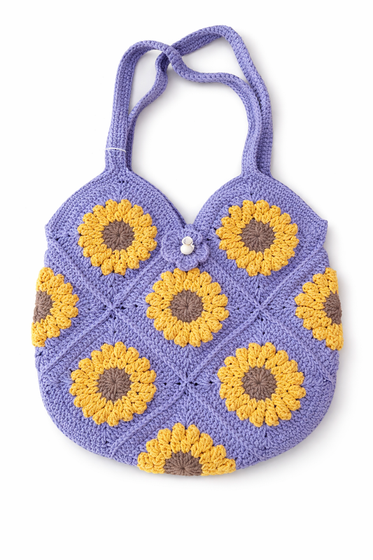 Handmade Crochet Small Lavender Sunflower Granny Square Tote Bag