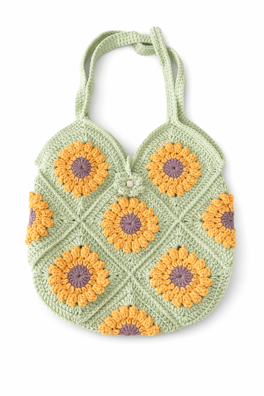 Handmade Small Crochet Lime Green Sunflower Tote Bag
