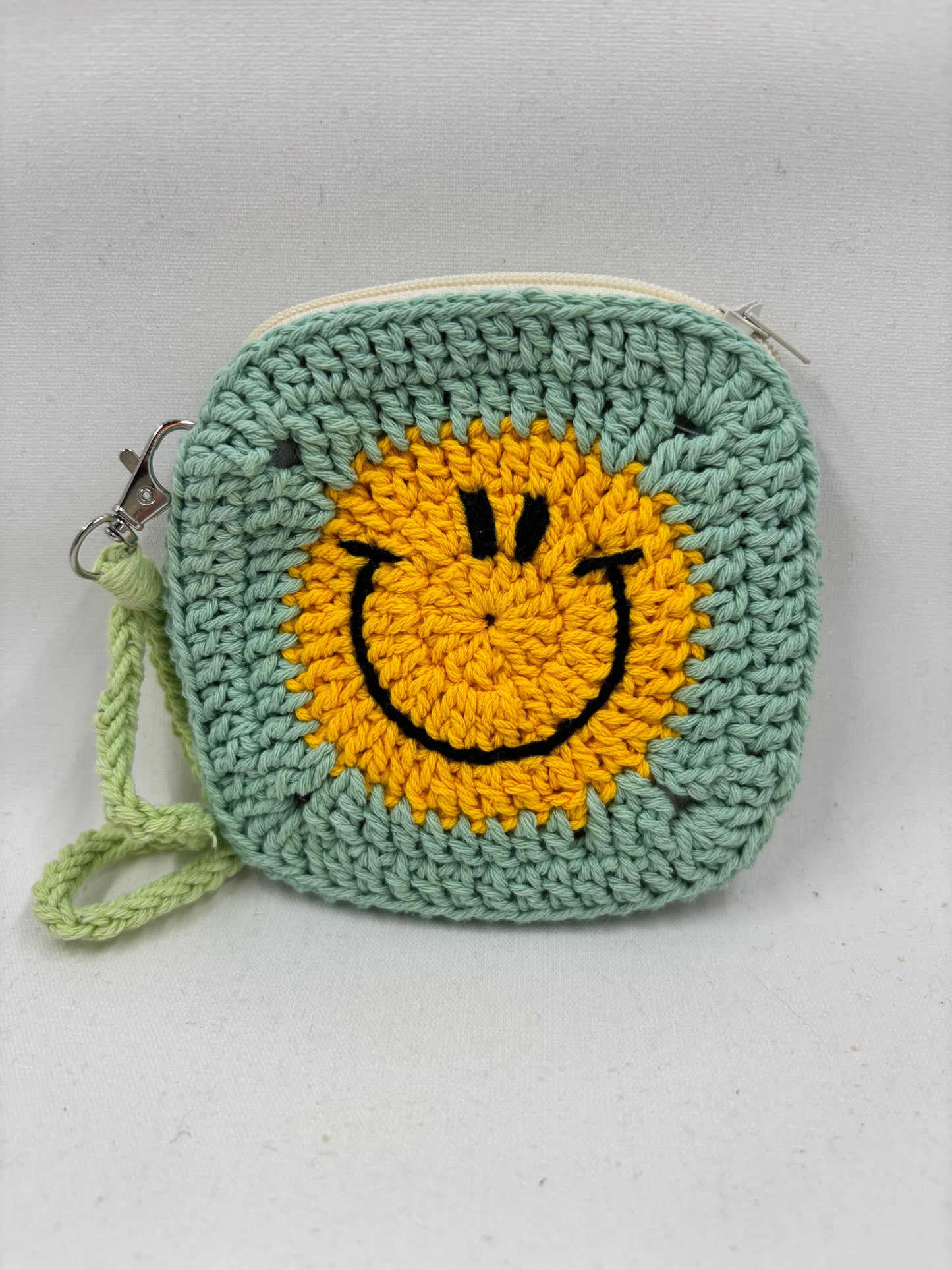 Crochet Aqua Smiley Face Coin Purse