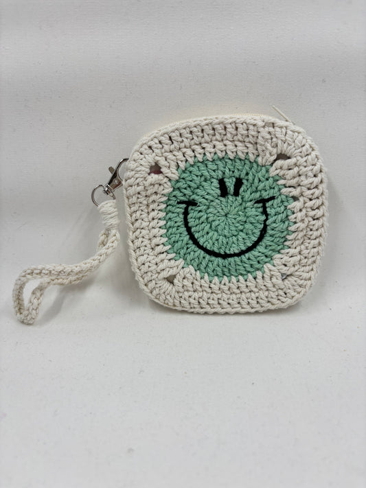 Crochet White and Aqua Smiley Face Coin Purse