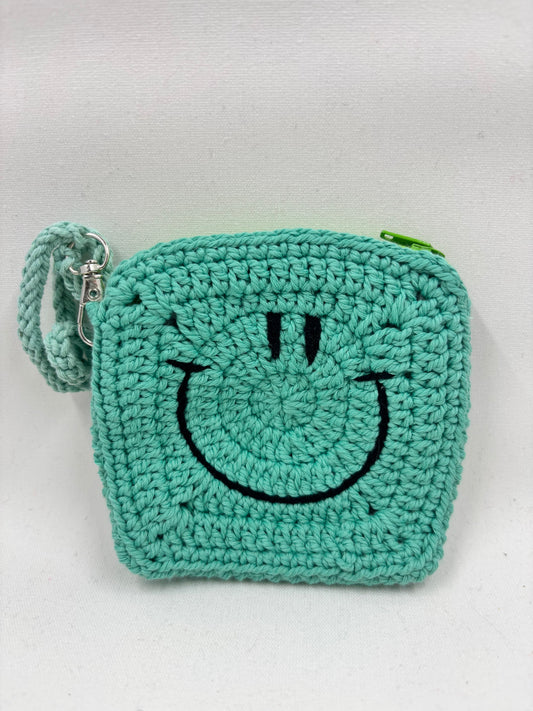Crochet Teal Smiley Face Coin Purse