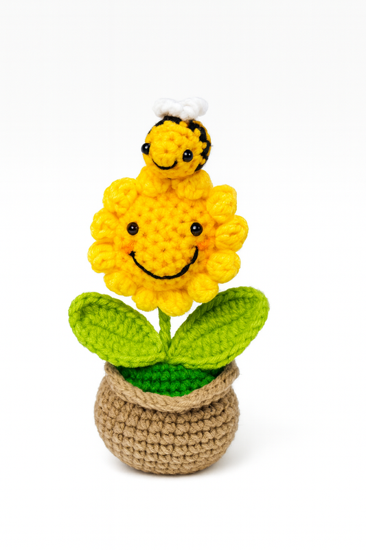 Crochet Smiling Sunflower with Bee in Pot